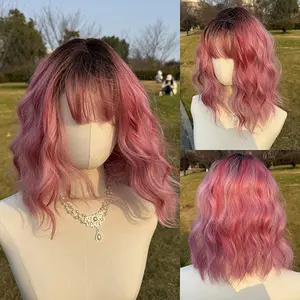 SMILCO/14Inch Ombre Black ash Pink Short Wavy with Bangs Synthetic Wig/SM414