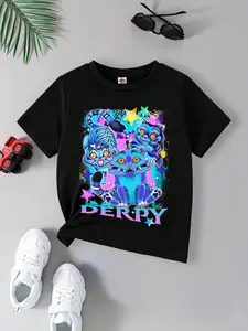 Kpop Demon Hunters Boy Toddler Derpy Colorful Blue Cat T-Shirt, Star Element Cartoon Animal Print Short Sleeve, Casual Fitted Style