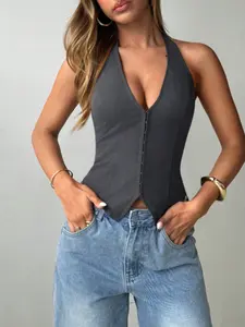 Halter Deep V Neck Vest Top Slim Fit Casual Fitted Sleeveless Button Front Waist Shaping Crop Tank Sleeveless Backless Sexy Y2K Streetwear Chic Going Out Women Top Figure Flattering Fashion Essential Casual Backless Top