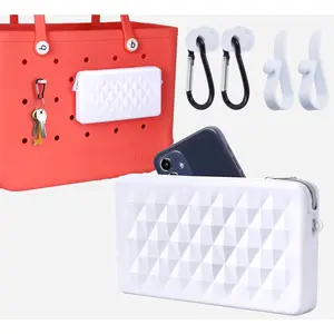 Silicone Pouch for Bogg Bag Accessories, Universal Phone Holder for Bogg Bag, Zipper Pouch Fits Beach Tote L/XL, Zipper Wallet Pocket with 4 Key Hooks White