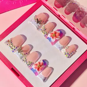 DiDazzle 10 PCS Handmade Duckbill Press - on Nails | FloralButterflyGlam with Acrylic 3D Flowers, Rhinestone Butterflies & Holo Swirl Details