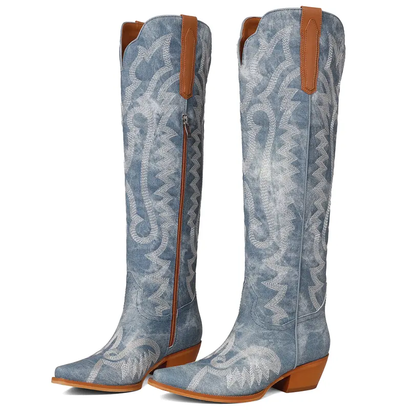 AOSPHIRAYLIAN Women's Blue Denim-Look PU Cowboy Boots - Above the Ankle But Below the Knee, Denim-Like Texture, Point-Toe, Intricate Embroidery, Chunky Block Heel, Side Zipper, Wide Calf, Vintage Cowgirl Style, All Seasons Durable Casual Festival Footwear