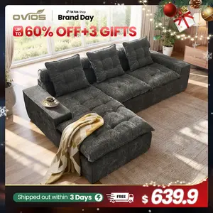 【2 Packages Shipping】Ovios 106" Modular Cloud Couch, Oversized Boneless Deep Seat Chenille Sectional Sofa with Chaise, Convertible L-Shaped Couch for Living Room Apartment Home Theater, Ash Gray