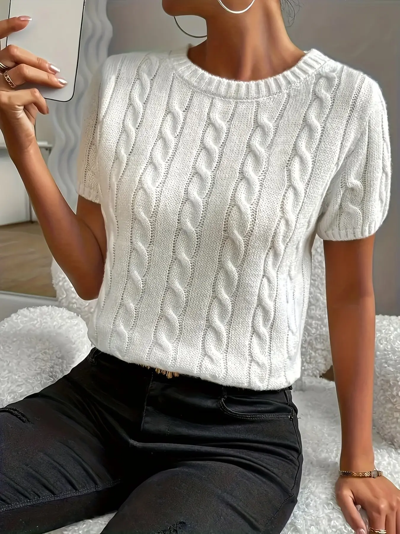 Women's Summer Solid Color Twisted Top, Casual Ribbed Round Neck Lightweight Knit Pullover Tops, Short Sleeve Knit Shirt, Ladies Fashion Tee, Womenswear Knitwear