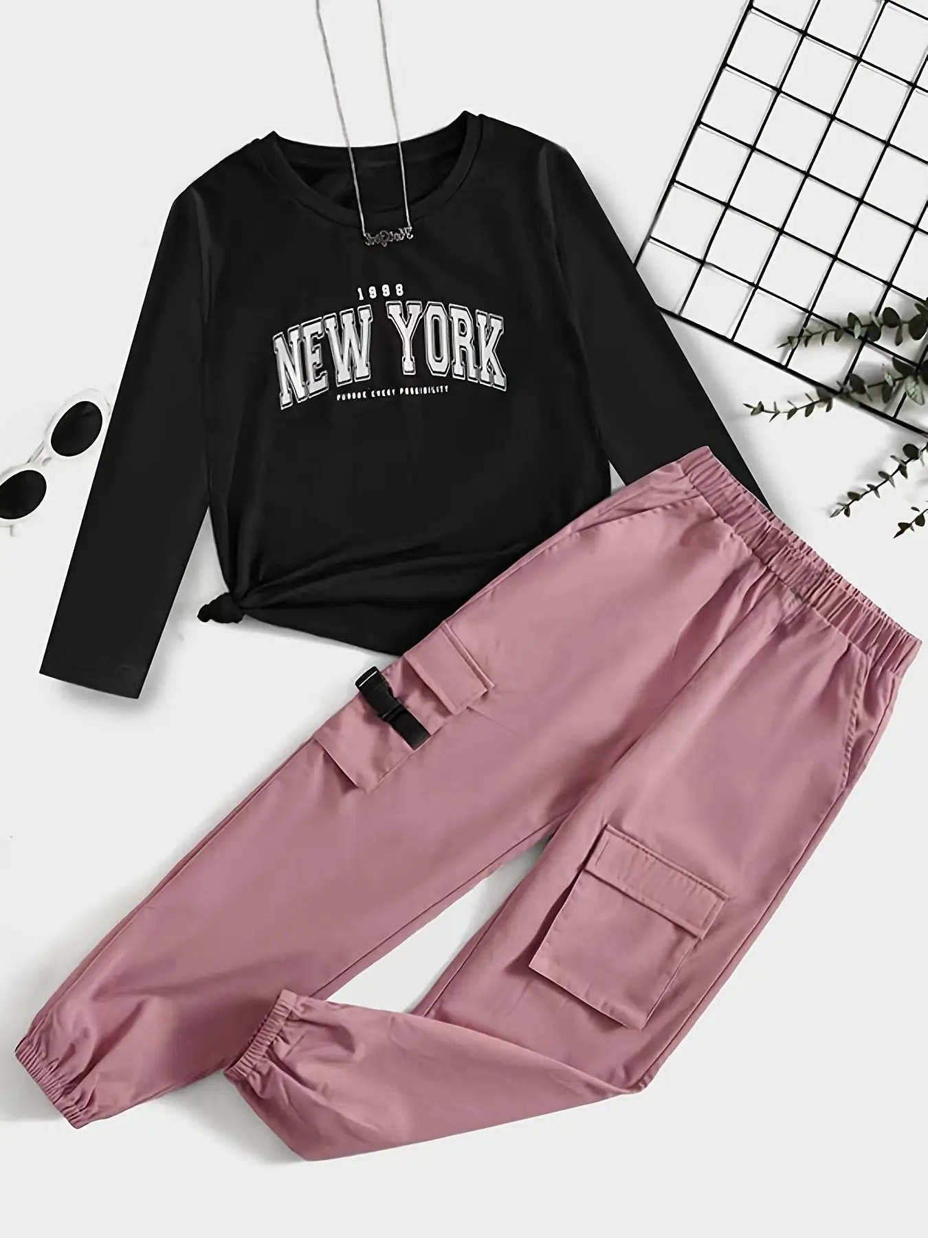 Girl's Letter Print Tee & Pants Two-piece Set, Casual Round Neck Long Sleeve Top & Jogger Pants for Spring & Fall, Kids Clothes for Daily Wear
