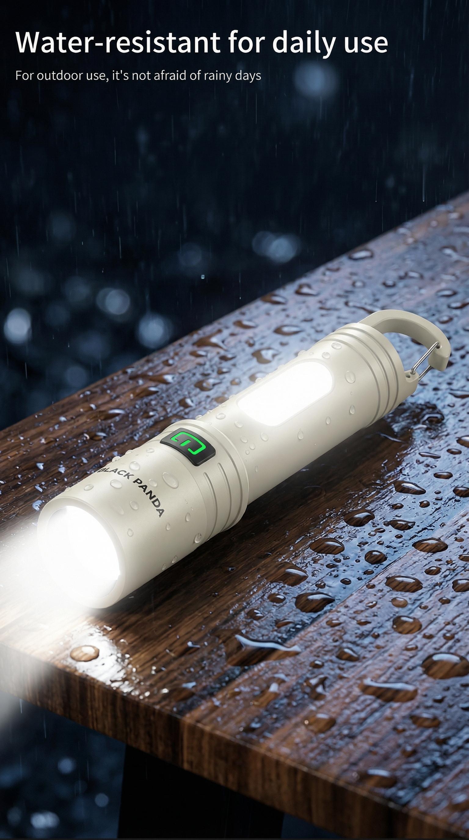 Black Panda Portable Flashlight with Hook Built-in Tail Hanger COB Side Light  Max 500 Lumens TYPE-C Quick Charge Perfect Companion for Hiking and Camping