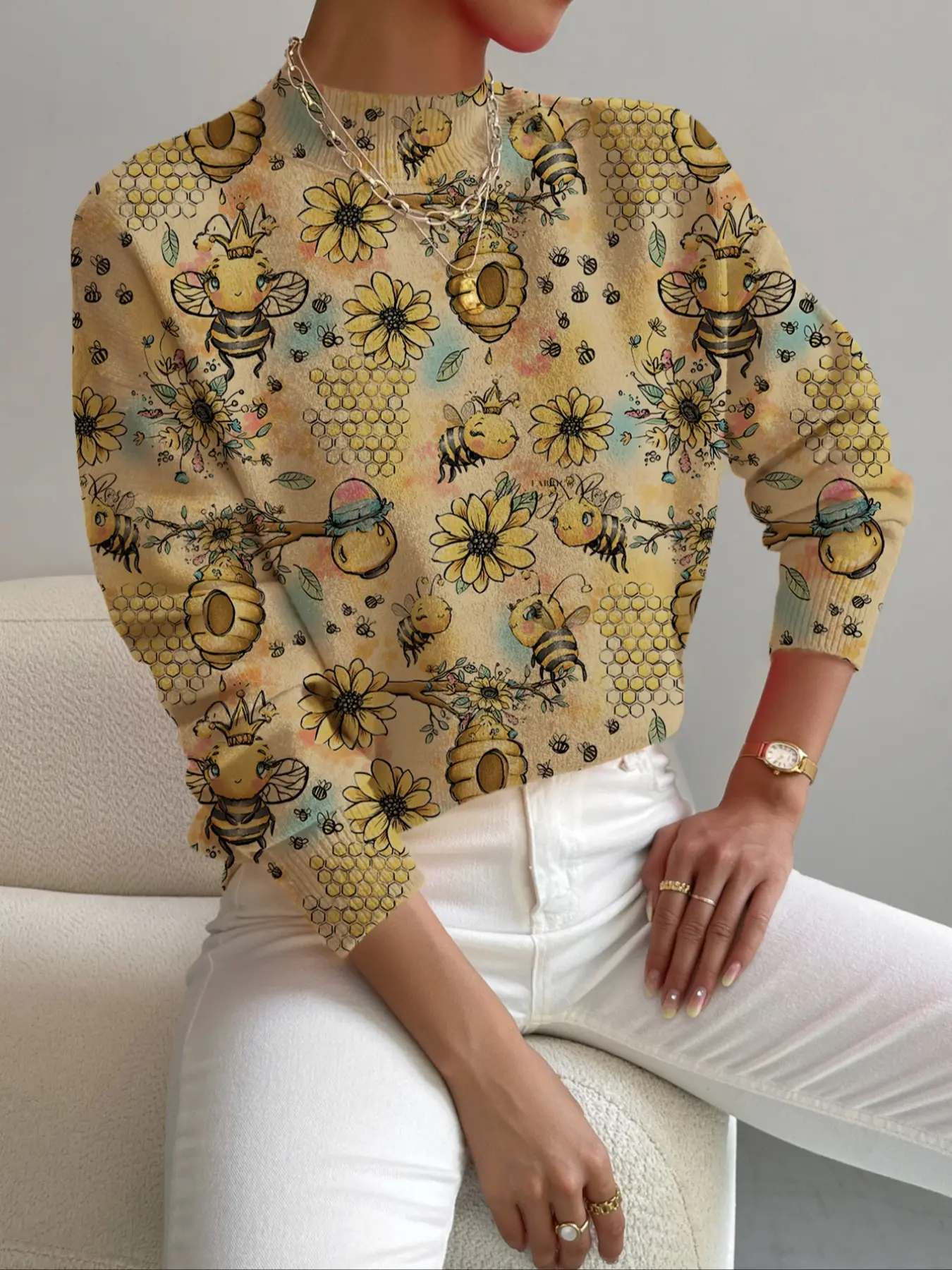 Women's Knitted Sweater with Bee Print, Casual Elegance for Spring Fall Winter, Perfect for Holiday & Commuting