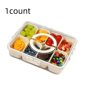 1count8 Compartment Transparent Snack Box with Lid & Handle, Plastic Food Storage Kitchen Sealed Container, Portable Food Organizer for Lunch, Salad, Travel