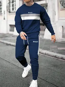 Men's Spring Casual Letter Print Set, Round Neck Long Sleeve T-Shirt + Drawstring Pants, Fall Winter Outdoor Sportswear, Sweat Suit Set