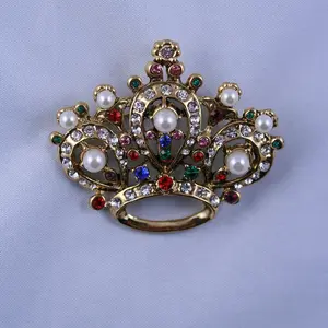 Vintage Rhinestone Crown Brooch Pin With Faux Seed  Pearl In Antique Gold Tone