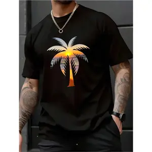 [100% Cotton] Casual Short Sleeve T-Shirt – Palm Tree Design With Stunning Sunset Ocean Print T-Shirt For Men And Women