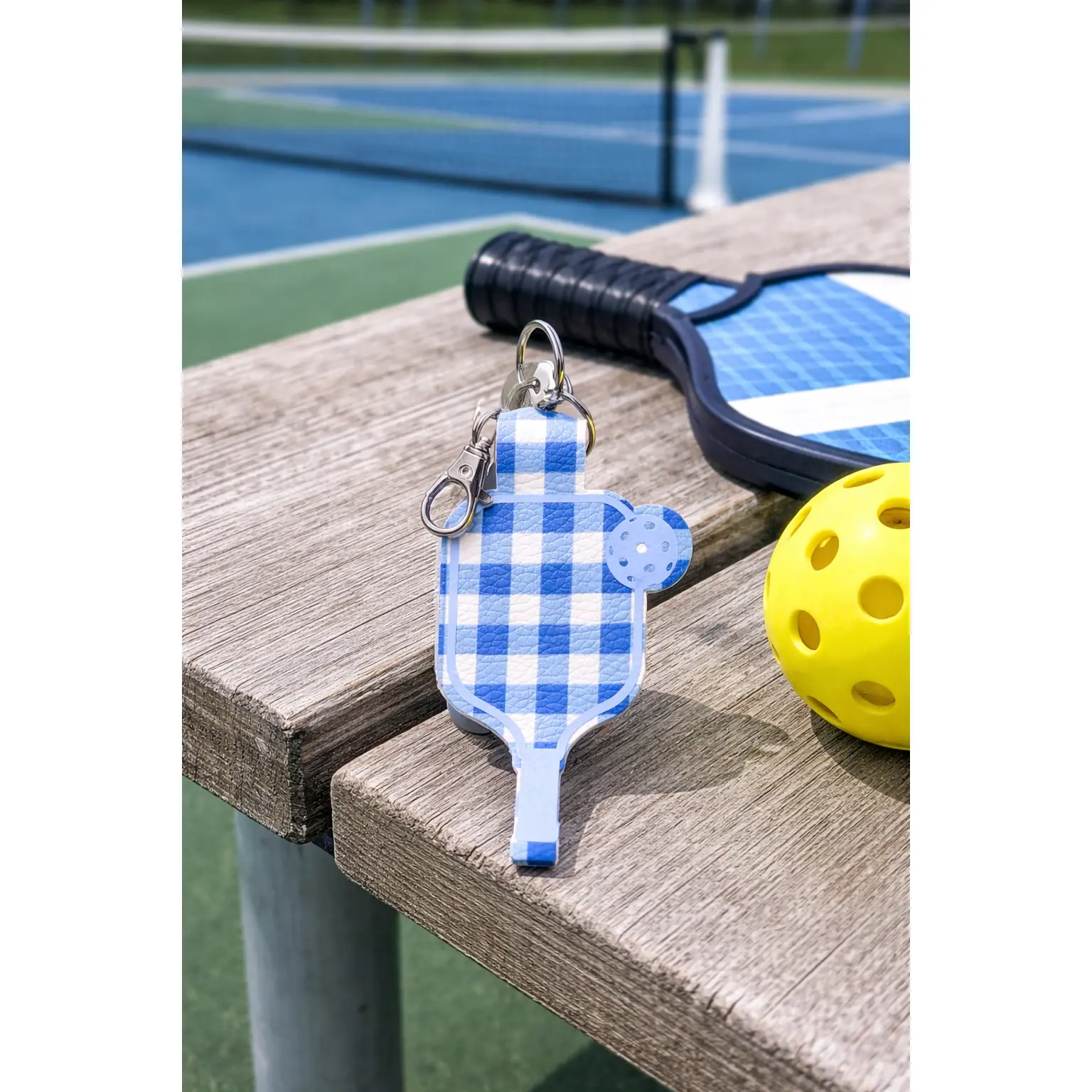 Monochromatic Plaid Pickleball Paddle Keychain – Faux Leather Pickleball Bag Charm