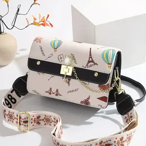 CHROSGEKEIDI Women'S Elegant Crossbody Bag - Large Capacity, Removable Strap, Magnetic Closure, with Parisian Landmark & Hot Air Balloon Print, Black & Beige, Perfect for Travel or Daily Use, Travel Bag