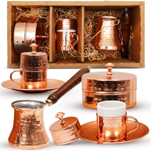 [New Deal]     Turkish Coffee Set – Turkish Coffee Maker Set w/ 2 Cups, Sugar Dish, Copper Turkish Coffee Pot (Cezve) – Traditional Turkish Gifts in A Box – Coffee Gifts for Coffee Lovers