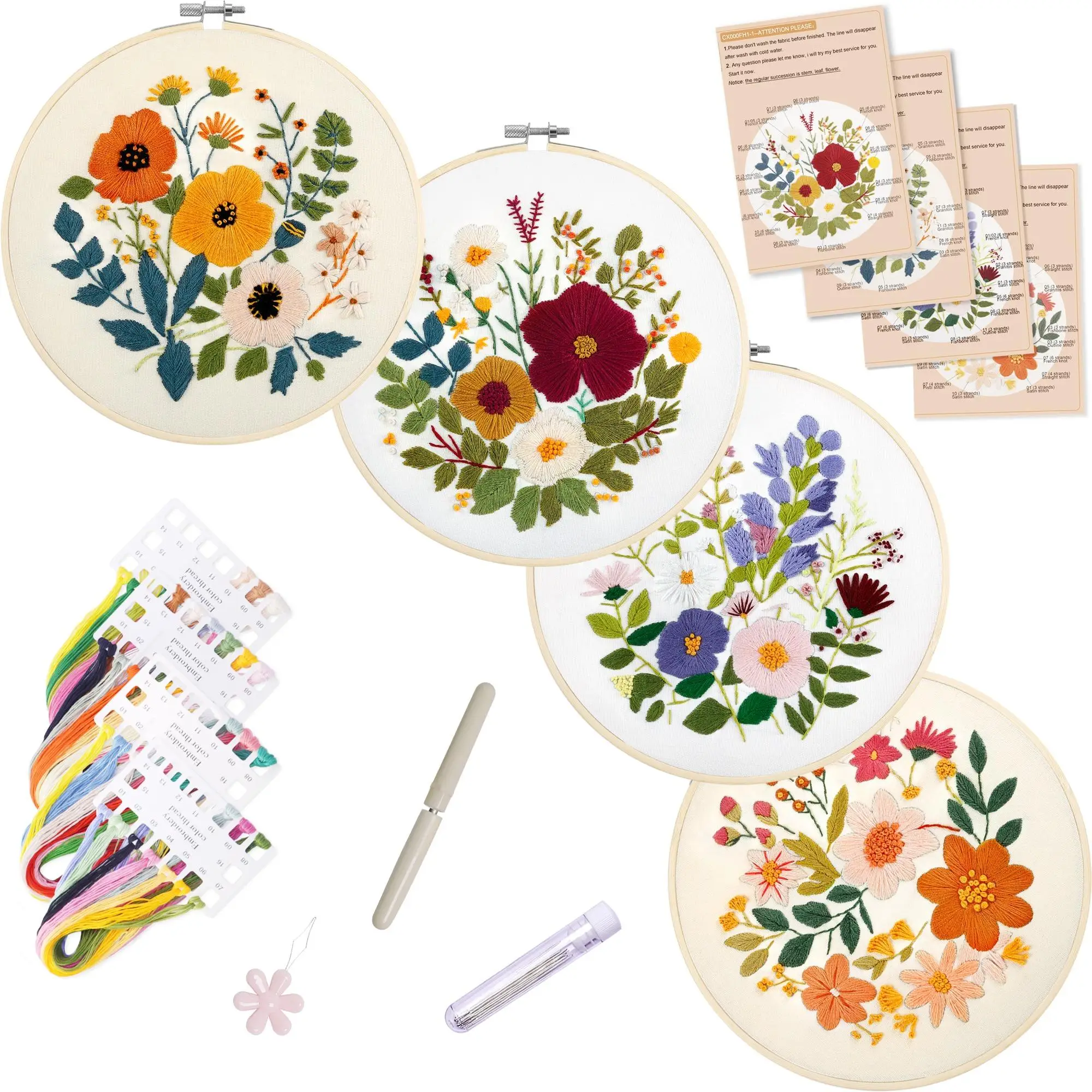 Floral Pattern DIY Embroidery Kit, 1 Set Handmade Embroidery Materials Tools, Starter Kit for Beginner, Delicate Art Craft Gift for Friends & Family