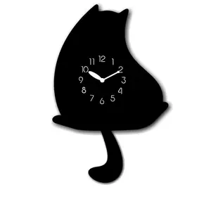 "Shadow" - Adorable Cartoon Style Cat Shaped Pendulum Wall Clock, Black, MDF, 13.4'x9.2'x1.8', White Gift Box