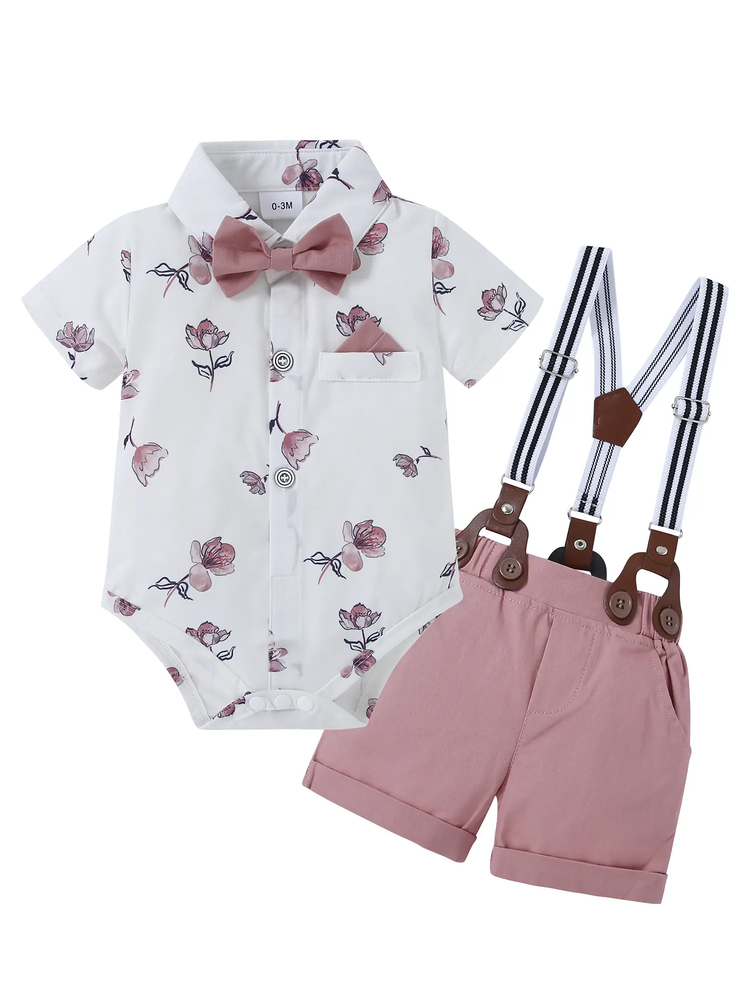 Baby Boy Formal Suit, Soft Cotton Gentleman Romper with Polka Dot Suspender Shorts & Detachable Bow Tie, Easy to Put On Outfit for Baptism & Weddings (0-18 Months), Softness, Button, Valentine's Day, Knitting, Fitted, Parties, Pageants, Romper Set, Gentle