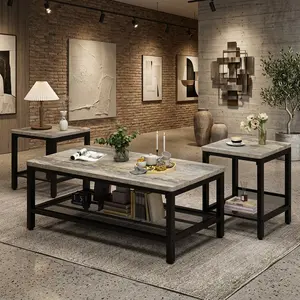 3 Piece Industrial Coffee Table Set Round Square Side End Tables Sturdy Metal Frame Multifunctional Living Room Table Combo Modern Home Furniture for Apartment Home Office Small Space Studio Decor