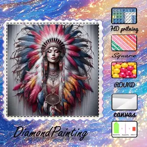 5D-DIY, premium velvet canvas, diamond art, diamond painting kit, feather headdress, AB diamonds, fairy dust diamonds, crystal diamonds, perfect home decoration, handmade diamond art painting kit, special craft diamond art kit.