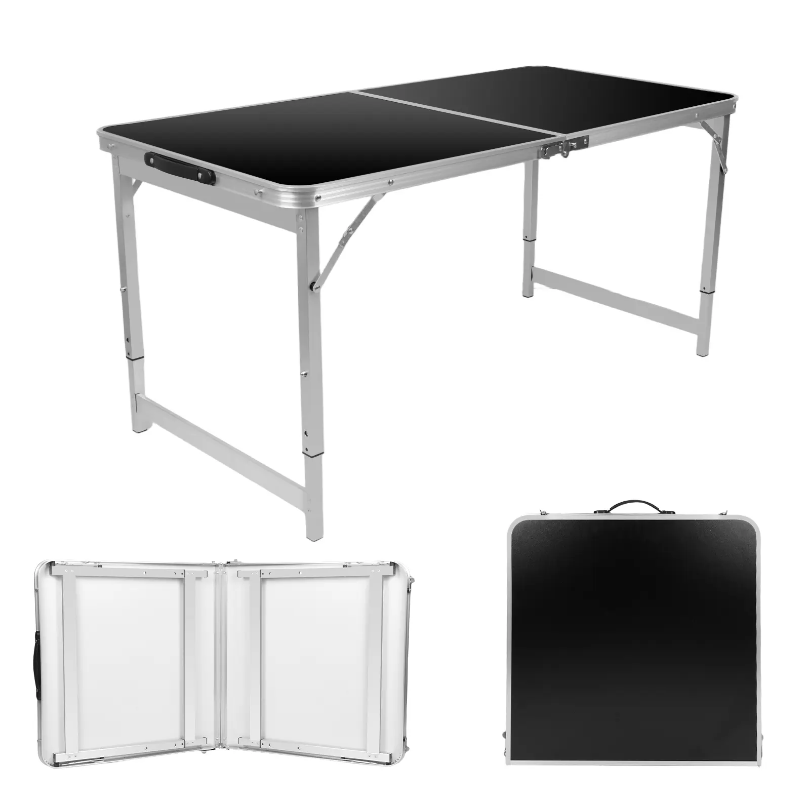 4 Ft Modern Foldable Plastic Outdoor Patio Dining Table, Height-Adjustable Portable Table with Carrying Handle, for Camping & Indoor Use, Black