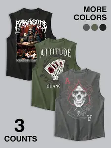 3-Pack Skull & Poker Graphic Muscle Tanks | Gothic Streetwear Sleeveless Tops Set