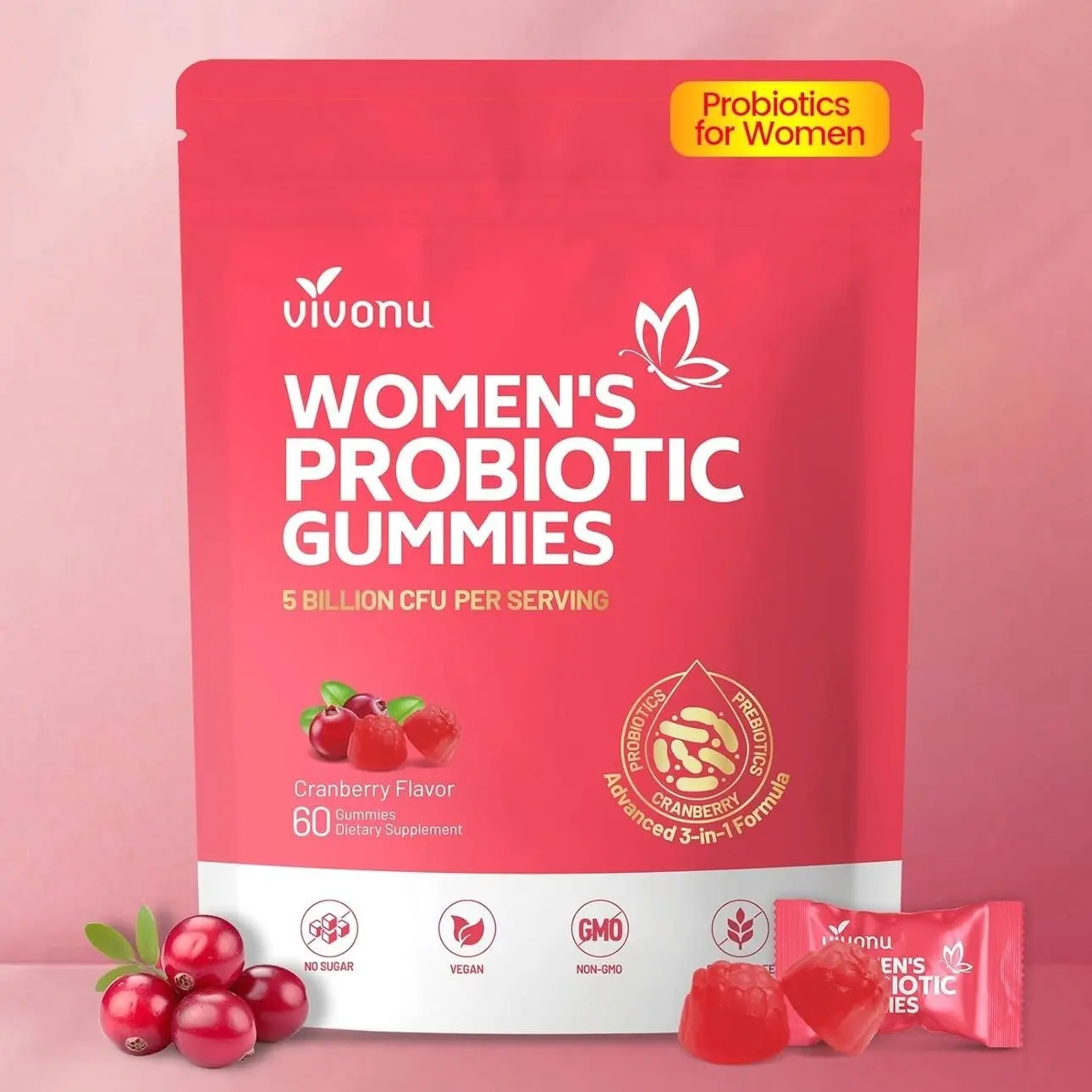 VivoNu Probiotics for Women, Women Probiotic Gummies, 500 Million CFUs, Fiber | Feminine Balance Gummies for Healthy Odour, Digestive Support and Gut Health + Vitamin C for Immune Support - 60 Gummies