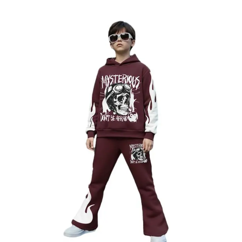 Ready Stock 2pcs Boys' Gothic Streetwear Hoodie & Jogger Set with Skull & Flame Lettering,8-12Y Kids' Outfits for Halloween 42507002