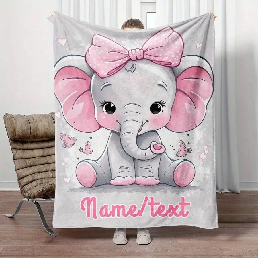 Adorable pink bow elephant flannel blanket, ultra-soft and warm baby room throw, perfect for girls' cribs and strollers, with charming sofa decor appeal—ideal as a thoughtful gift for cozy holiday baby parties.
