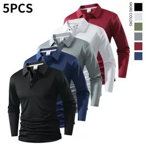 Men's Long-Sleeved Polo Shirt - 5-piece set | Classic solid color, versatile golf and casual stand-up collar, suitable for business casual wear, perfect for weekend outings
