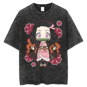 valentine shirts  Harajuku Anime Demon Slayer Nezuko Vintage Washed Graphic T Shirt Men Women Cotton Short Sleeve 2Tee Casual Tops Y2k Streetwear