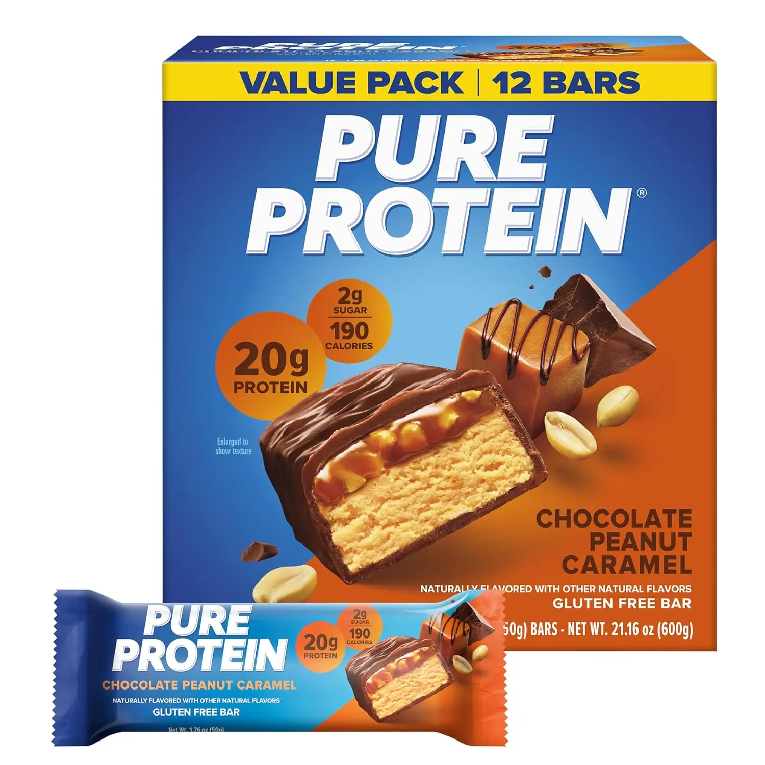 Pure Protein Chocolate Peanut Caramel Dessert Bars – 20g Protein, 3g Sugar, 190 Calories (12 Count), Low Sugar, Gluten Free Healthy Snack