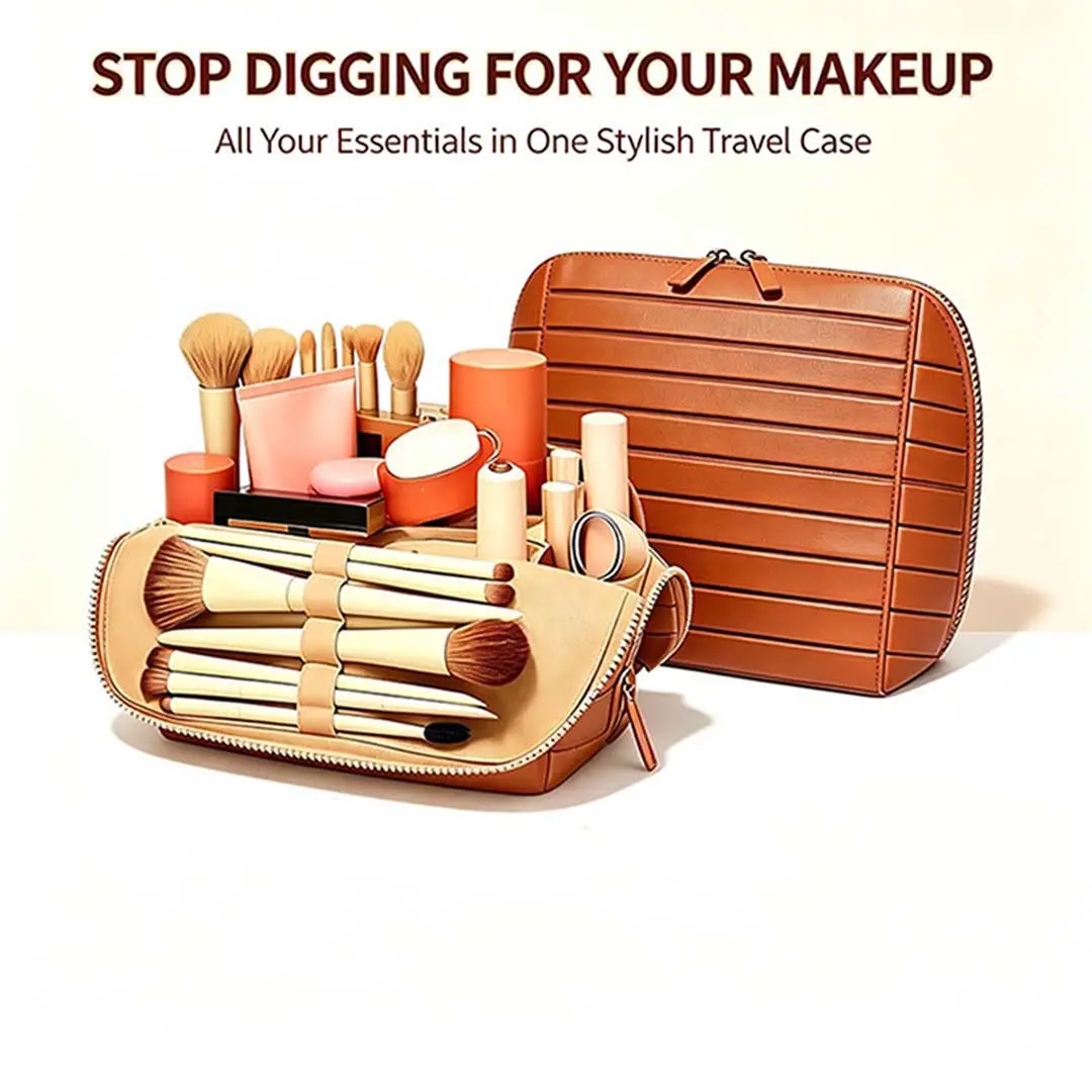 High-quality travel makeup bag, large-capacity cosmetics organizer with brush slots, secure zipper closure, portable beauty storage bag for women, easy to clean, leather, storage box suitable for travel and everyday use