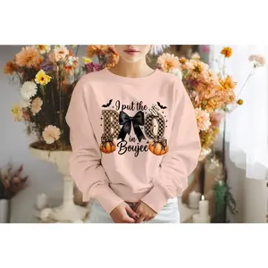 "Women's "I Put the BOO in Boujee" Sweatshirt - Casual Fitted Crew Neck Long Sleeve Leopard Print Pumpkin Graphic Top for Autumn Glam" halloween happy