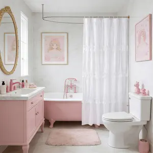 French Country Girl Style Solid Color Elegant Ruffled Shower Curtain, Vintage Fold Design, Perfect for Main Bathroom, Hotel, Salon, Bath