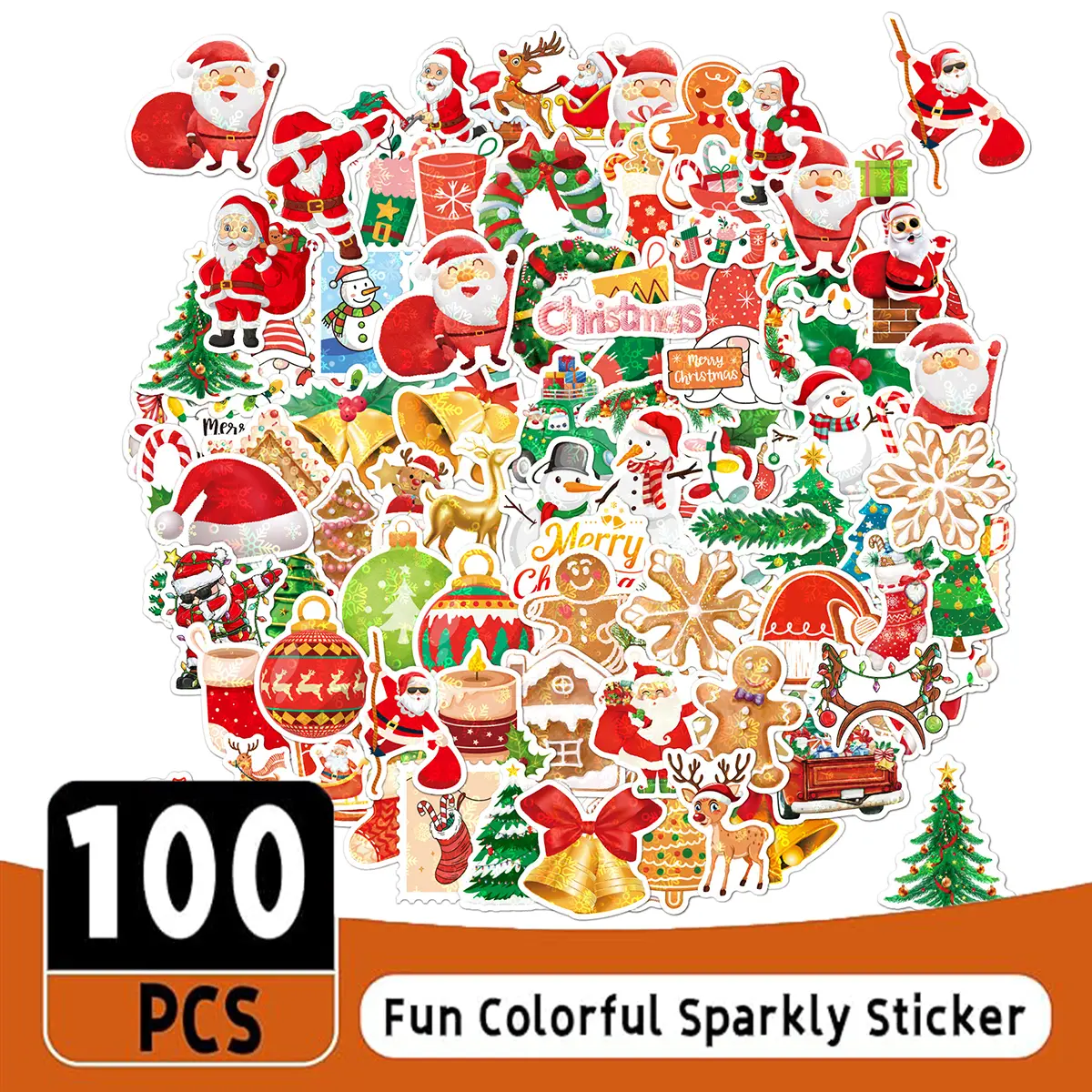 100 Pcs Christmas Stickers, Holographic Shiny Waterproof Merry Christmas Stickers for Scrapbooking, Card Making & Holiday Party Decorations