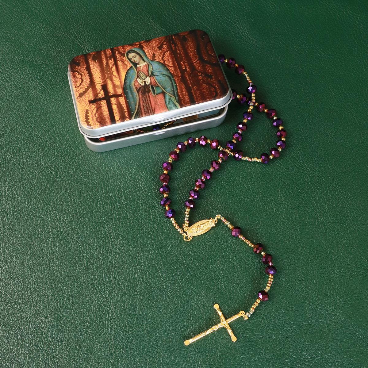 Catholic Rosary Purple Beads Necklace, with Crucifix Rosaries Communion Rosary Christian Gifts Catholic Gifts with a Gift Box And 18pcs Praying Cards
