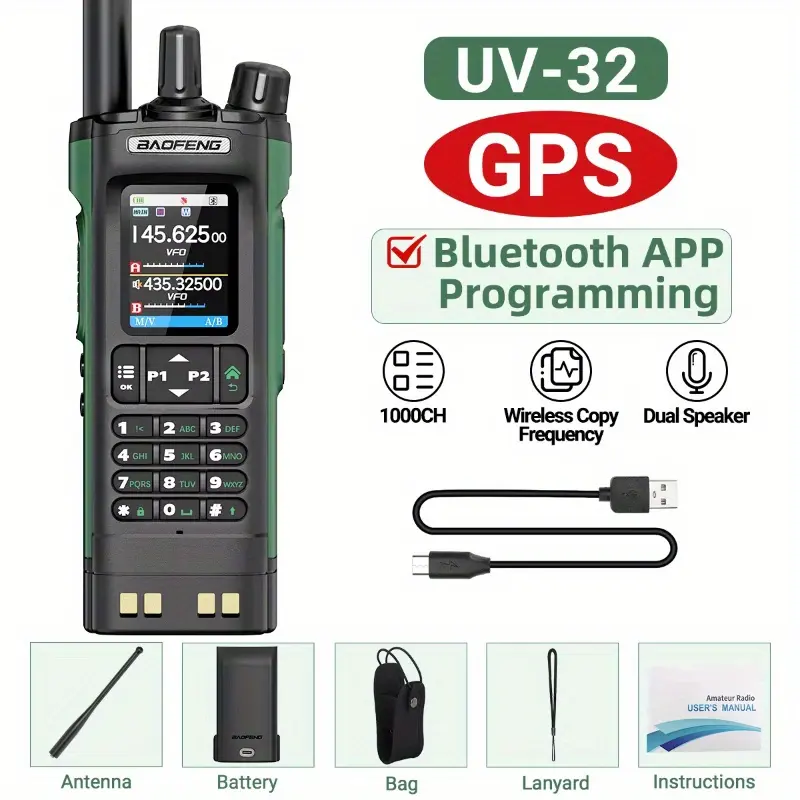 BAOFENG UV-32 GPS 10W Two-Way Radio with Bluetooth APP Programming Dual Speaker Waterproof Rechargeable Battery USB-C Charging for Hunting Camping Outdoor Use