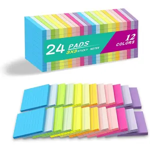 24 Pack 3x3 Inch Lined Sticky Notes, Ruled Notepads with Super Sticking Power, Bright Color Memo Pads for Office School, Recyclable Easy to Write on, Can be Posted on Windows Doors