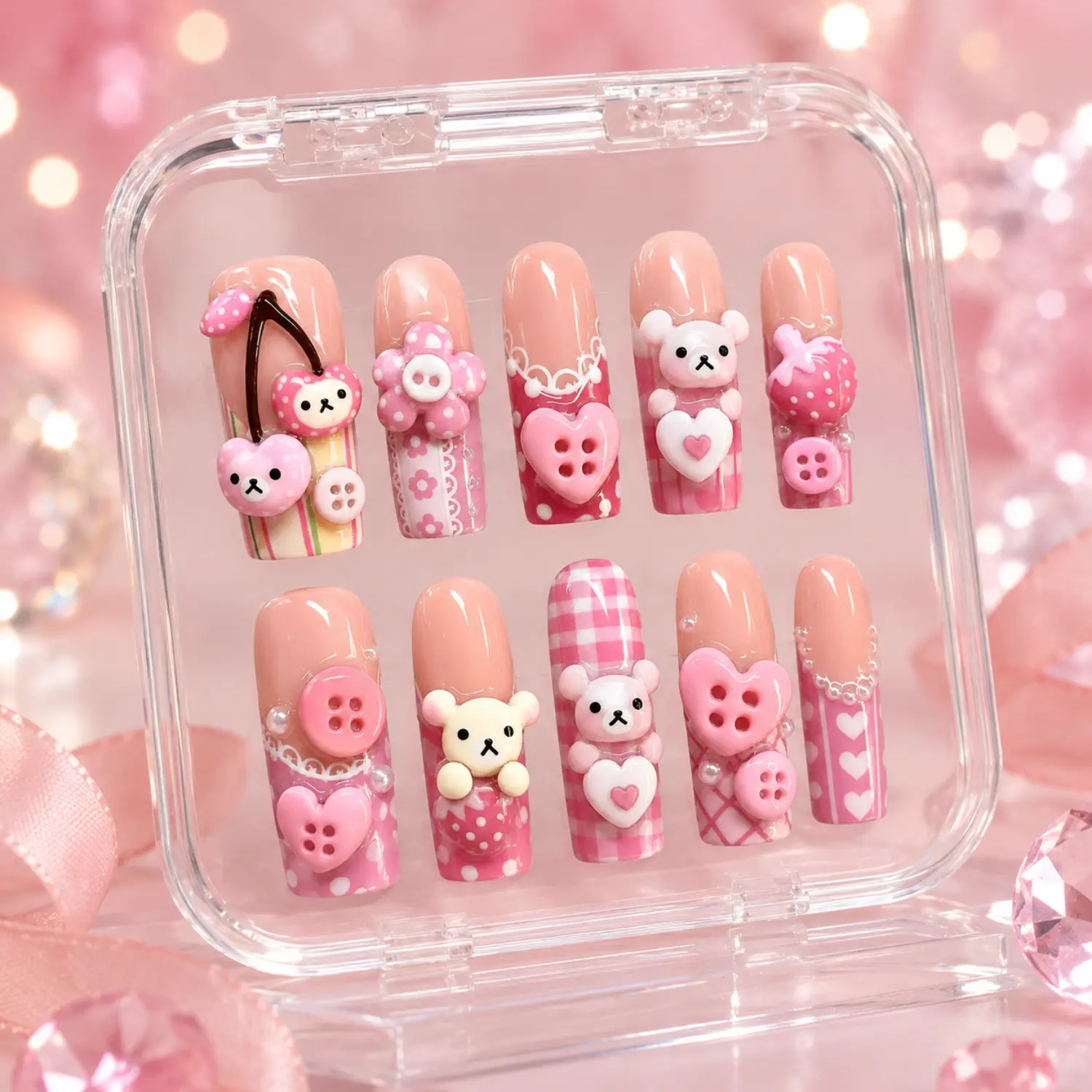 Kawaii Pink Bear Press On Nails, Strawberry Cherry Heart Button Design, 3D Teddy Charms, Sweet Coquette Handmade Japanese Style Nail Set, Cute Girly Manicure