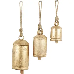 79 Gold Metal Tibetan Inspired Decorative Giant XL Cow Bells with Jute Hanging Rope, Set of 3 10",8",6"H - Cylindrical