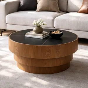31.5" Round Coffee Table with Sintered Stone Top, Tiered Wood Veneer Base, Modern Low Profile Center Table for Living Room, Apartment & Small Space
