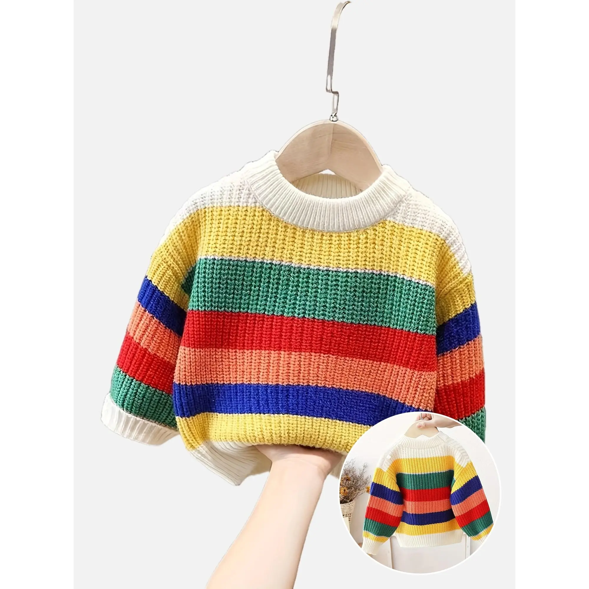 Kids' Unisex Rainbow Stripe Knit Sweater - Durable, Adorable Winter Thick Round Neck Loose Top, Machine Washable, Prop 65 Safe, for Twins, Play & Parties, Sizes 9-12m,4-5y,5-6y, Easy to Wear, Boys & Girls Tops, Siblings, Family Gathering