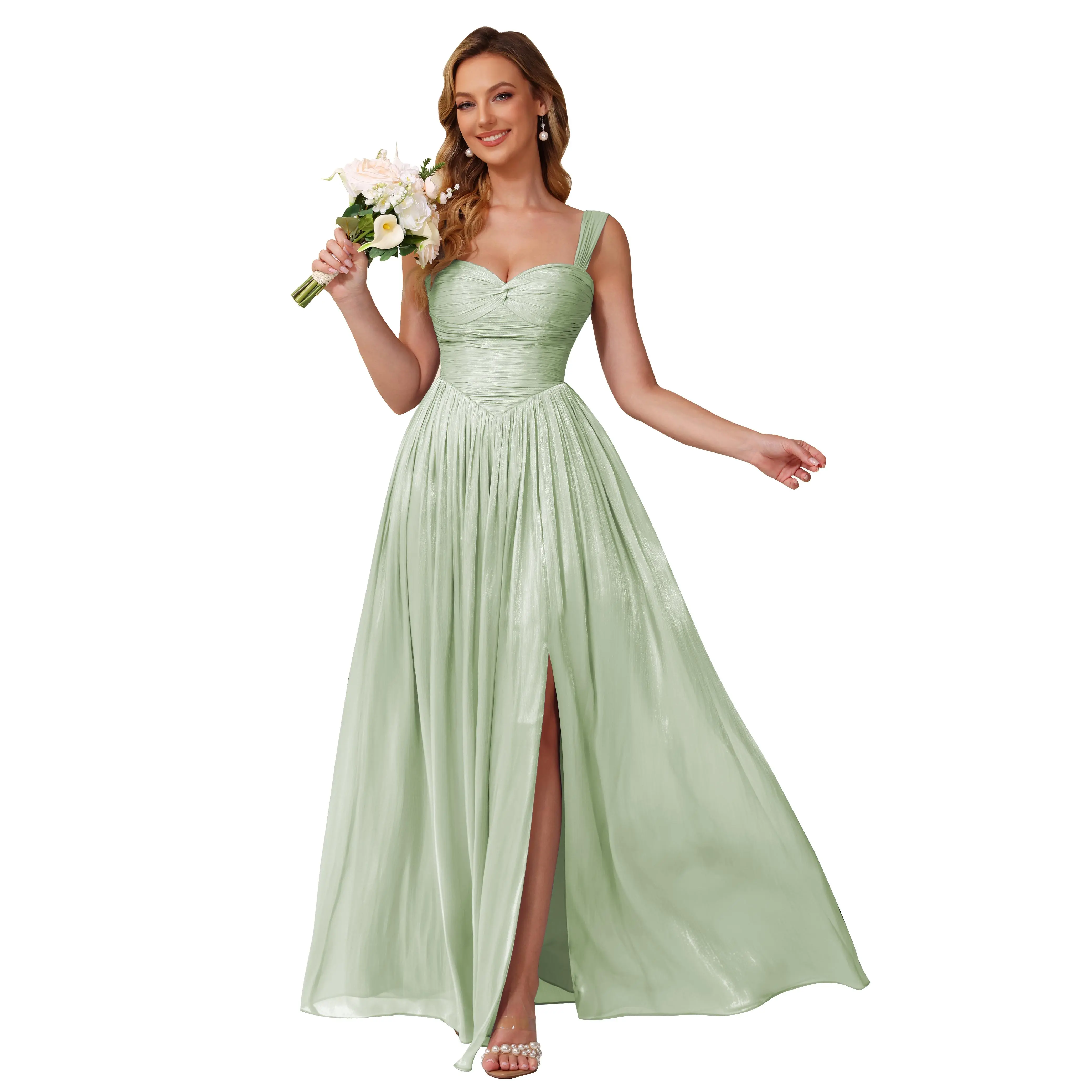 Shimmer Bridesmaid Dresses for Women Pleated Formal Dress | Sweetheart/Wide Straps/Knotted/Corset/Ruched/Pockets/Slit/Breathable/Lightweight/Flowy/Formal Evening Gowns/Long
