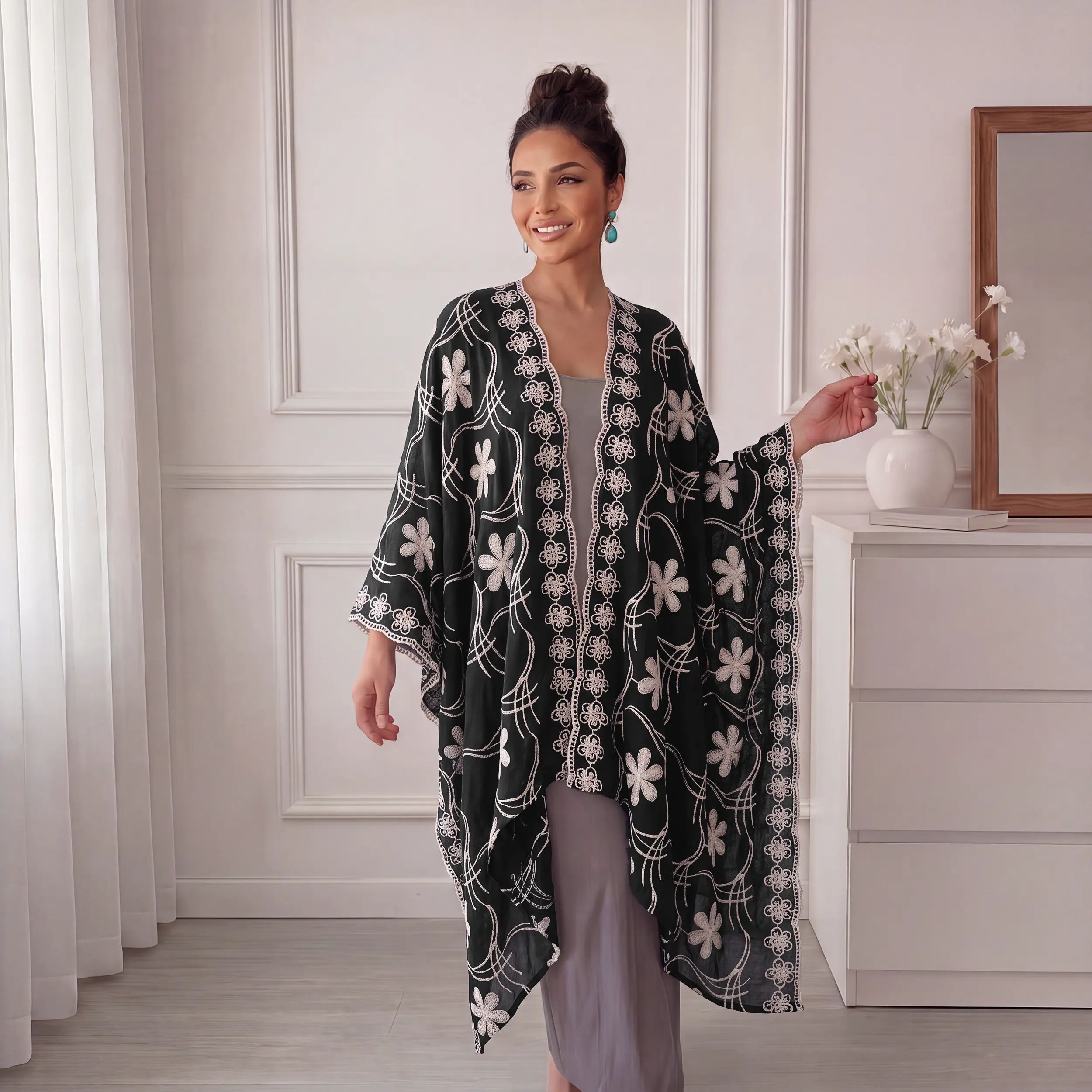 Modest Muslim Border Geometric Embroidered Kimono Outerwear, Scalloped Lace Loose Open‑Front Cardigan, Boho‑Style Lightweight Cover‑Up for Daily Wear and Holiday