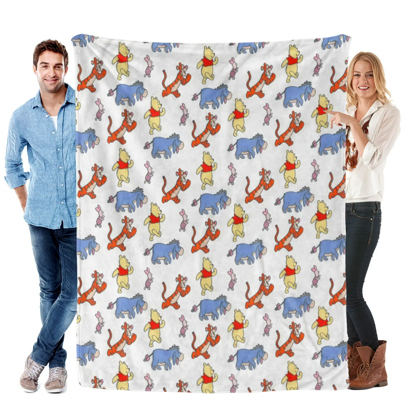 [Summervibes] Disney Vintage Pooh Crew All Character Winnie The Pooh Blanket - Wrinkle Resistant Plush Fabric, Decor Nursery Bedroom With Winnie The Pooh Bedding