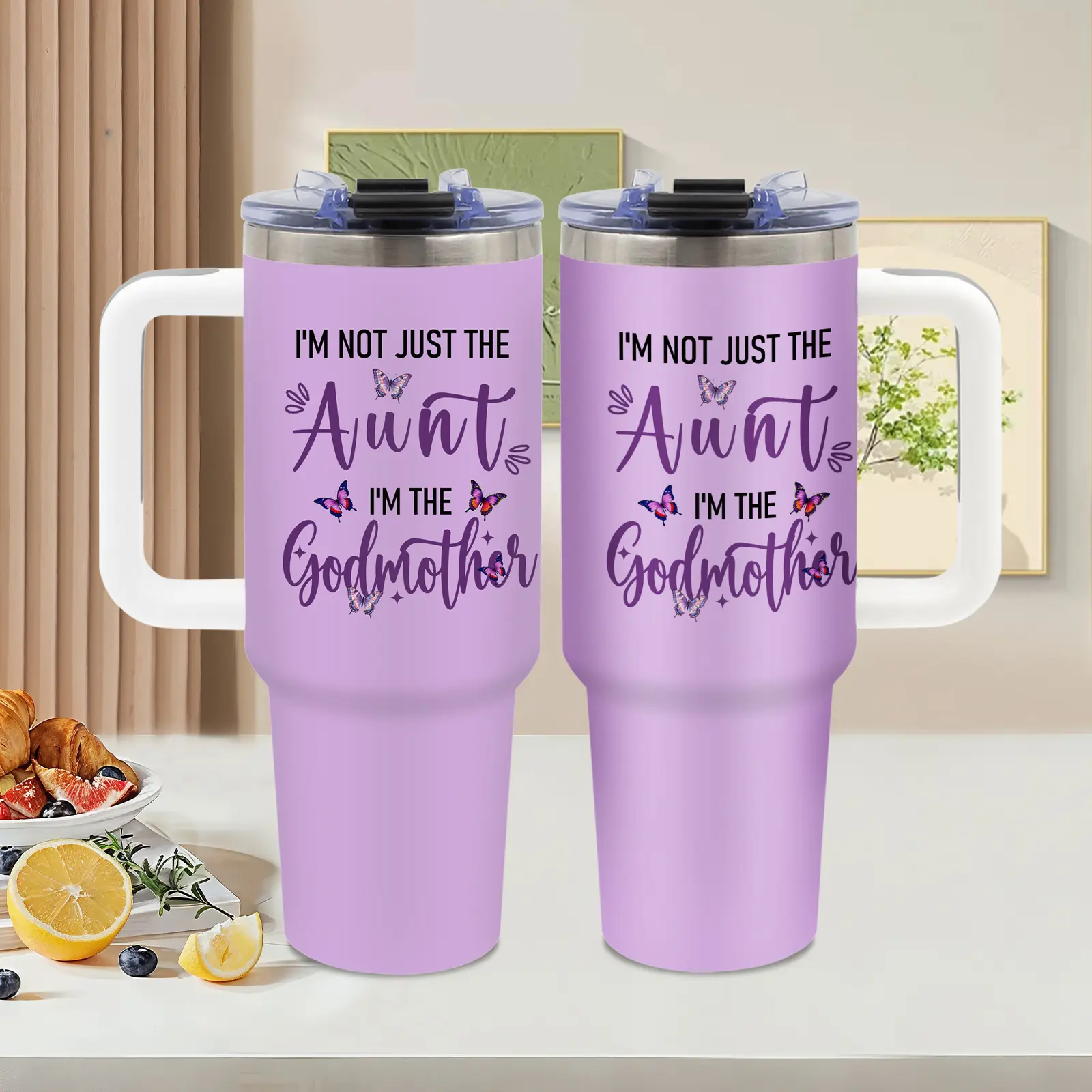 Butterfly Aunt Godmother, 40oz tumbler with handle, Summer Ice Stainless Steel Vacuum Insulated Travel Mug, purple butterfly design, Godmother Lover Gift, for home and travel, Birthday Gift, Water Bottle, Tumbler Gift for Women and Men