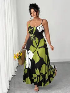 Plus Size Women's Floral Print Fashion Dress, French Vintage Floral Spaghetti Strap Maxi Dress with Smocked Waist, Casual Slimming Boho Style Everyday Wear, Suitable for Spring/Summer Plus Size Women's Clothing