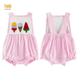 Baby Girls Sleeveless Romper, Ice Cream Embroidery Button Design Infant Bodysuit Jumpsuit