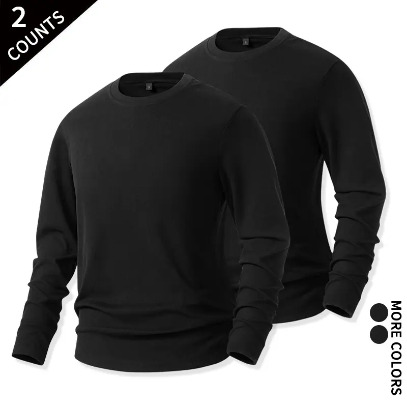 Men Thermal Fleece Long‑Sleeve Shirts 2‑Pack Solid Color Crew Neck Soft Base Layer For Cold Weather Outdoor & Home Daily Use