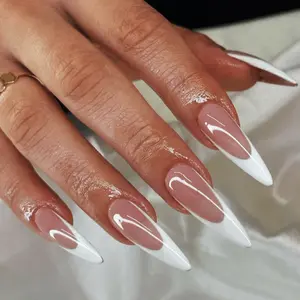 Almond Fake Nail, 10pcs/set Glossy Finish Press on Nails for Women & Girls DIY Nail Art, Elegant Stick on Nails Kit, Nail Art Design, White French Tip, Handmade Nails, Pressed on Nails